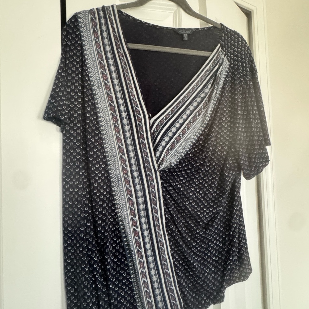 Lucky Brand Blue Printed Faux-Wrap Tunic with Striped Panel